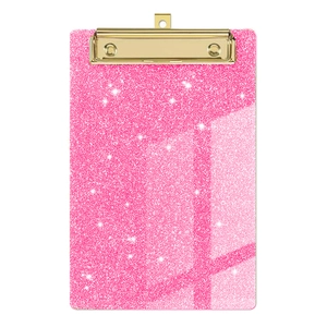 Pink glitter acrylic clipboard with gold metal clip for office and school stationery