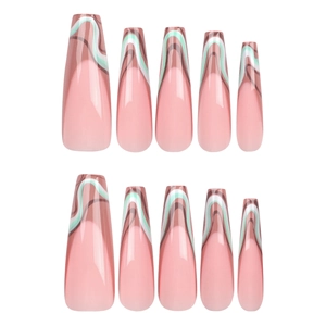 Pink coffin press-on nails with green and white wavy French tip artistic design