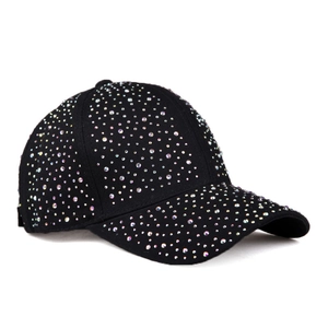 Black cotton baseball cap with colorful rhinestones shown from a 45-degree angle view