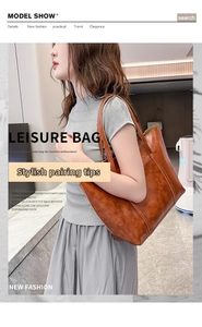Brown oil wax leather tote bag shown on shoulder for casual daily commute style