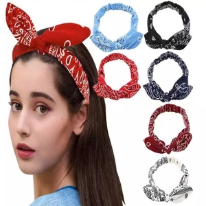 7-piece set of paisley print bunny ear headbands in various colors for women