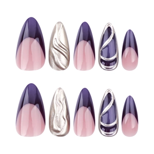 French purple almond press-on nails with silver 3D wave details and chrome pearly finish