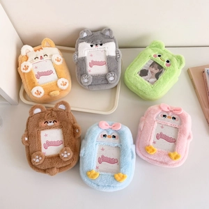 Cute Animal Plush Card Holder Soft Cartoon Photo Protector Sleeve Keychain For Celebrity Photocard Student ID Card Holder