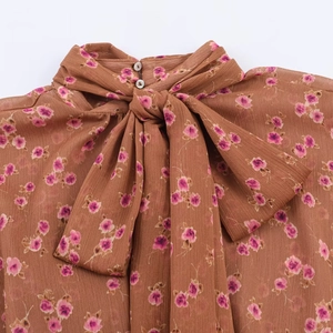 Retro floral chiffon blouse with bow tie neck and brown pink flower pattern print