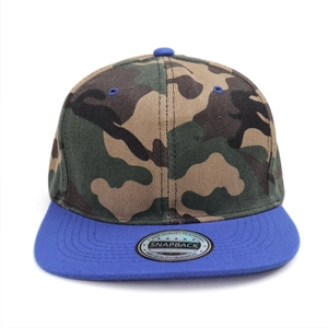 Close-up of camouflage crown and blue brim snapback hat with silver hologram sticker