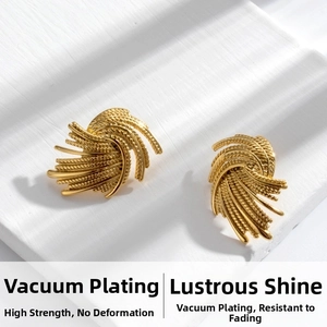 Macro detail of gold wheat ear stud earrings showing vacuum plated radiating texture