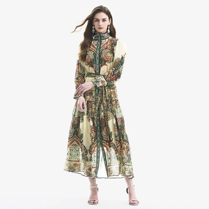 Bohemian paisley print maxi dress with lantern sleeves and high waist in warm tones