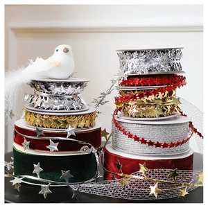 Close-up of assorted Christmas ribbons with velvet, sequins, and metallic star accents