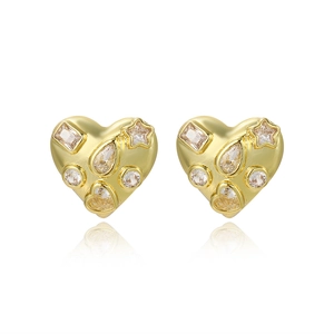 Minimalist gold heart stud earrings featuring multi-shape cubic zirconia in a modern design