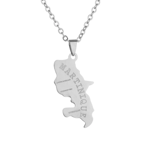 Detail view of silver Martinique island map pendant with engraved local city names