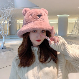 Sweet pink plush bear ear bucket hat for women with cute 3D ears and embroidery