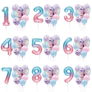 Blue-purple butterfly and gradient foil number balloon set for children birthday decor