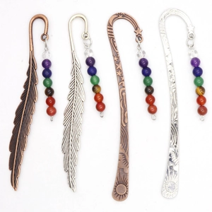 Set of metal feather and moon bookmarks with colorful natural crystal bead charms