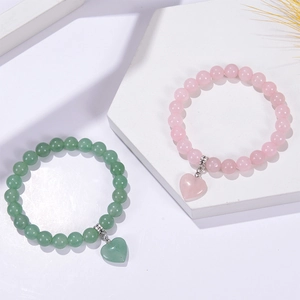 Bracelets extensibles en perles de cristal 8mm vert et rose avec pendentif cœur poli