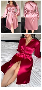 Detail showing smooth silk satin texture and elegant waist tie on long women's bathrobes