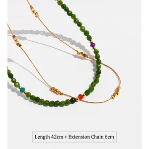 Double-layer necklace with green faceted beads and gold chain, 42cm plus 6cm extension