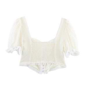 French retro puff sleeve square neck blouse with lace trim and smocked detail in beige