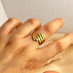 Minimalist 18K gold-plated stainless steel ring with layered spiral design for women