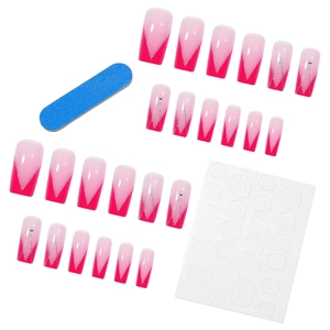 French press-on nails set with pink gradient, silver glitter lines and 24 square pieces