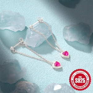 Elegant S925 sterling silver long drop earrings with pink heart crystals and micro diamonds
