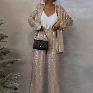 Women's sparkling golden sequin blazer and high-waist trousers two-piece elegant suit