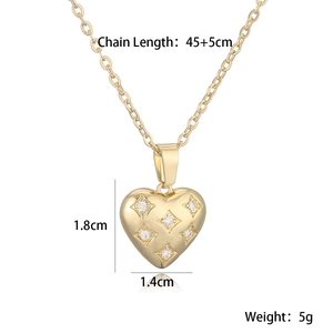 Detail view of heart pendant necklace with dimensions 1.8cm by 1.4cm and 45cm chain length