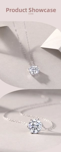 Macro detail of a classic six-prong moissanite pendant on a 925 sterling silver chain