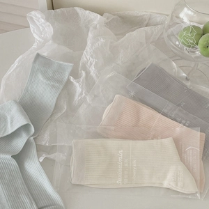 Soft silk blend crew socks in pastel blue, beige, pink and grey with vertical stripes