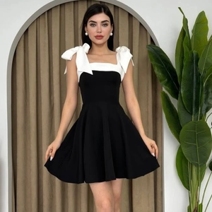 Women Contrast Color Mini Dress Off Shoulder Large White Bow Shoulder Straps High Waist A-Line Slimming Polyester Spandex
