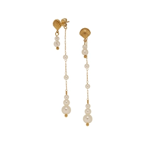 Elegant gold titanium long tassel earrings with white shells and pearls for women