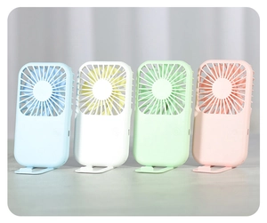 Four colorful USB handheld fans in blue white green and pink shown with desk stand functionality