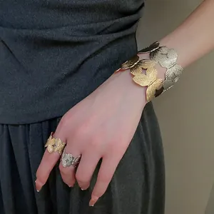 Butterfly Ginkgo Leaf Hollow Open Cuff Bracelet And Ring Adjustable Metal Plated Retro Jewelry For Women