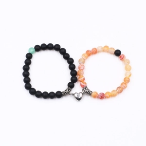 Couples beaded bracelets set with heart magnet clasp and natural stone beads