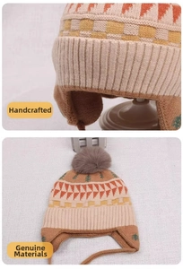 Close-up of geometric jacquard patterns and ribbed knit texture on kids winter earflap hat
