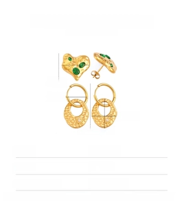 Detailed specs of gold stainless steel heart and oval earrings with green stones