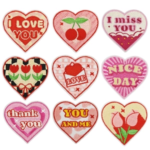 Heart Shaped Embroidery Patches Polyester Thread Iron On Applique Decorative DIY Clothing Accessories Cute Pink Red Flowers Lettering