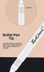 Macro detail of 0.8mm bullet nib white highlight pen showing high precision ball point