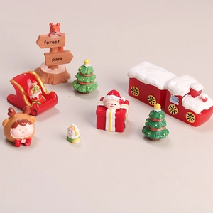 9-piece resin Christmas miniature set with train and deer for DIY craft decoration