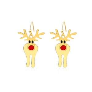 Cute Christmas reindeer earrings in golden alloy with red nose and oil drip finish