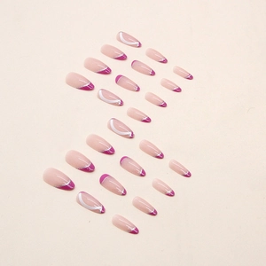 French style almond false nails with pink base, purple glitter tips and silver lines