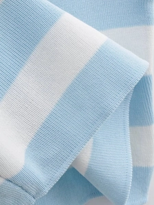 Macro shot of sky blue and white striped knit fabric showing detailed texture and softness