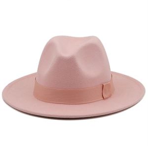Pink felt wool fedora hat with wide brim and matching grosgrain ribbon band for women