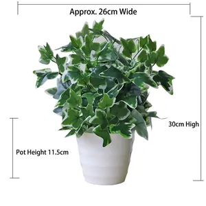 Detailed view of artificial ivy plant in white pot with 30cm height dimensions shown