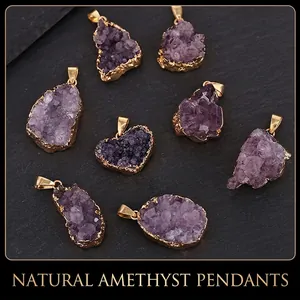 Natural Irregular Amethyst Raw Stone Pendant Necklace Gold Plated Edge Healing Crystal Druzy Quartz Jewelry