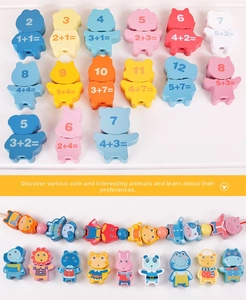 Detail of wooden alphabet and animal beads for children educational learning play