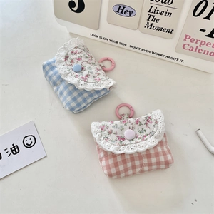 Lace floral plaid fabric earbuds case with pink ring clip and snap button closure