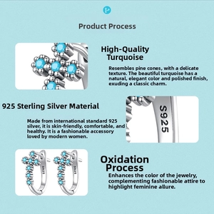 Close-up of S925 hallmark on silver cross earrings with turquoise inlay details
