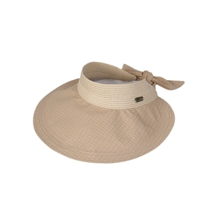 Women's beige wide brim sun hat with lattice texture and decorative bow detail