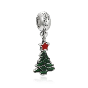 Ciondolo albero di Natale con stella rossa, smalto verde e incisione Fashion su fascia argento