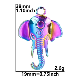 Rainbow elephant pendant size details 28x19mm and 2.6g weight on white background